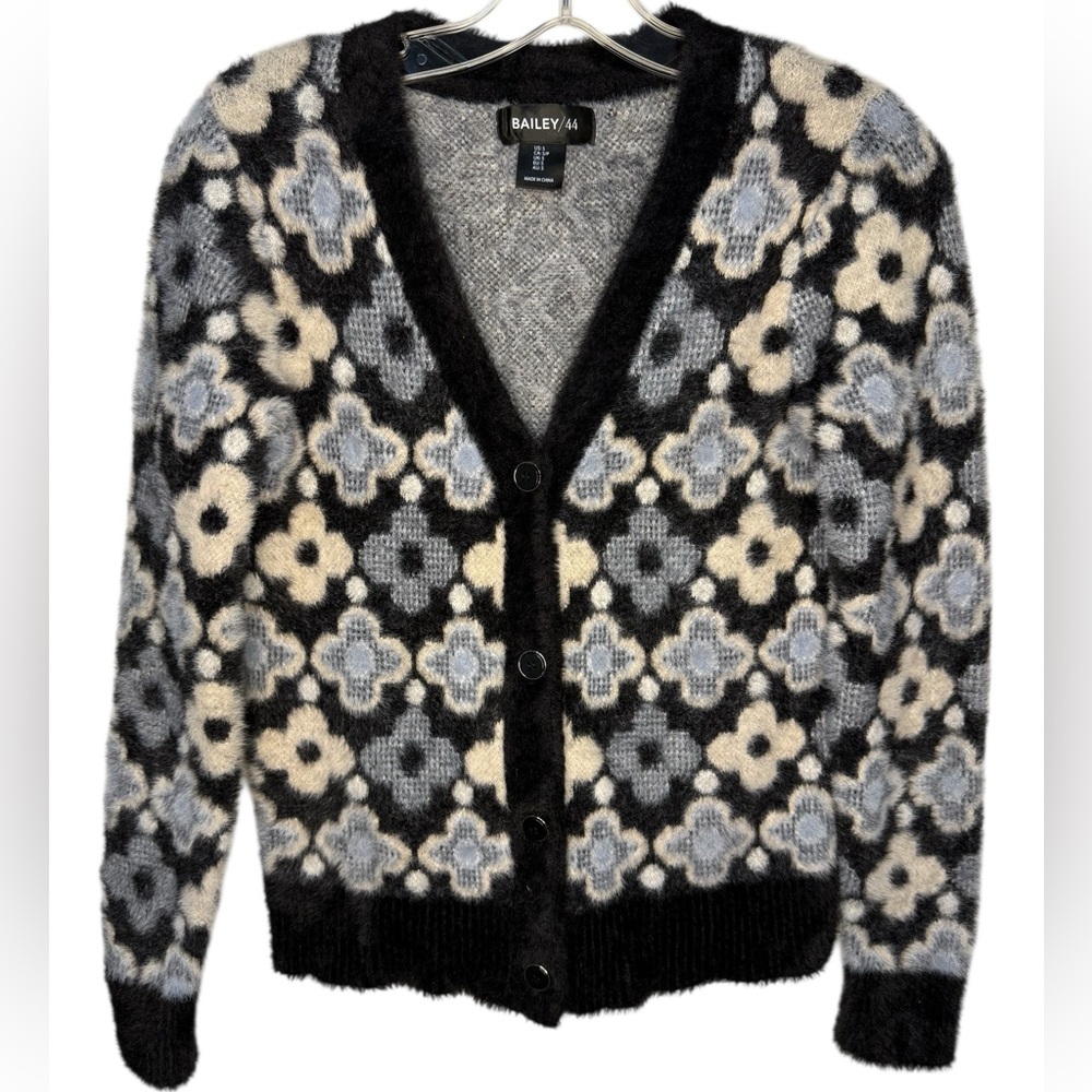 Bailey 44 Black Gray Blue Flowers Cardigan Sweater with V-Neck - Small